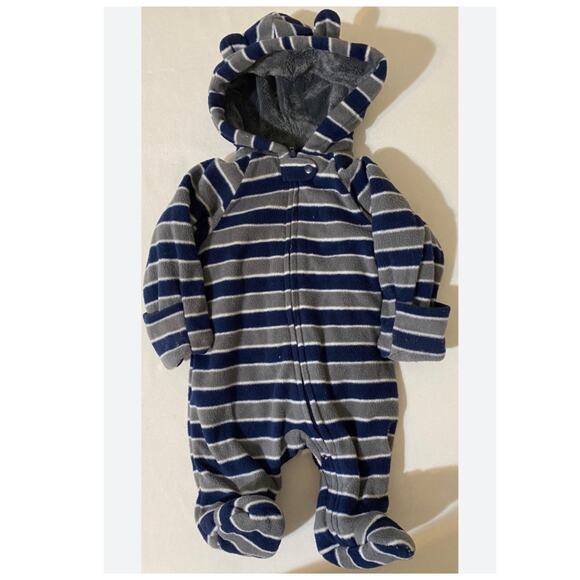 Blue striped fleece lined snowsuit size 0-3 months - Picture 1 of 4